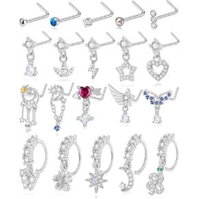 20Pcs 20G Dangle Nose Rings L Shaped Nose Stud Hoops Dangling Stainless Steel Nose Ring CZ Opal Butterfly Water Drop Flower Indian Nose Piercing Jewelry with Charm for Women Gold Silver Tone