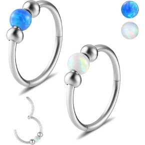 2 Pcs Opal Sparkle Nose Jewelry Hoops, 316L Stainless Steel Septum Ring, Hinged Nose Ring for Women, Opal Dangle Nose Stud, Suitable for Helix, Rook, Conch, and Cartilage Piercings, Earring Set with Opal Charms