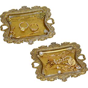 Funly mee Small Antique Trinket Dish Vintage Jewelry Tray, Ring Holder (Gold-2PACK)