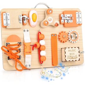 Joyreal Montessori Busy Board for Toddlers - Wooden Sensory Board Activity Board for Fine Motor Skills, Travel Baby Busy Board Sensory Toys for Kids