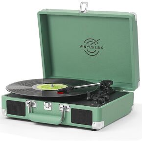 Record Player with Built-in Speakers Treble & Bass Gain Vintage Bluetooth Turntable 3-Speed Portable Suitcase Vinyl LP Player Aux-in/RCA Line Out Headphone Output, Forest Green