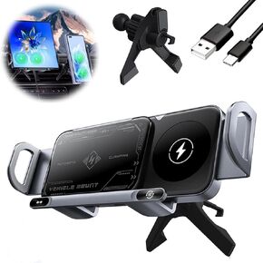 Wireless Car Charger Mount, Wireless Car Charger Fast Charging Phone Holder for Car Vent, Auto Rotating Phone Holder Dual Coil Wireless with Max 15W Fast Charging Air Vent for Most Phones