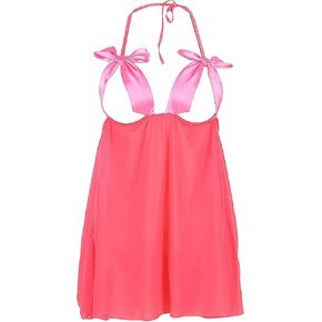 ohyeahlady Women Sexy Babydoll Lace Lingerie Pink Open See Through Mesh Bows Chemise Valentines Day for Him Set XS-4X