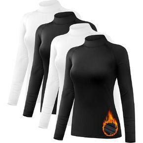 4 Pack Women's Thermal Shirts Fleece Lined Mock Turtle Neck Tops Compression Long Sleeve Athletic Base Layer
