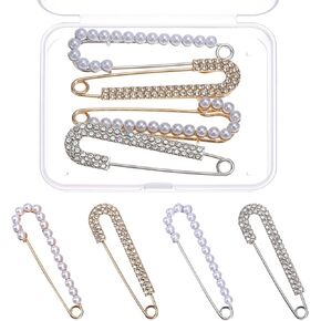 Pearl Brooch Pins, 4Pcs Sweater Shawl Clips with Storage Box Faux Pearl Rhinestones Collar Safety Pin Gold Silver Brooch Pins for Women Fashion Clothing Dresses Decoration Accessories