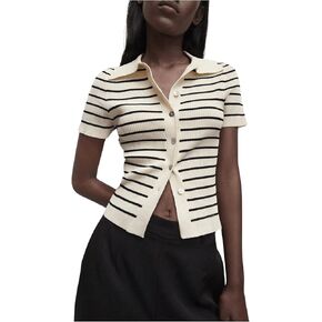 Floerns Women's Lapel Collar Striped Print Short Sleeve Button Down Knitwear Sweater