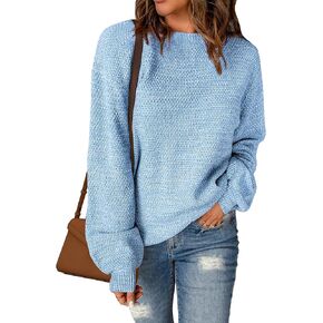 Sucolan Fall Sweaters for Women 2024 Long Lantern Sleeve Oversized Chunky Sweater Knit Pullover Tops Baby Blue S