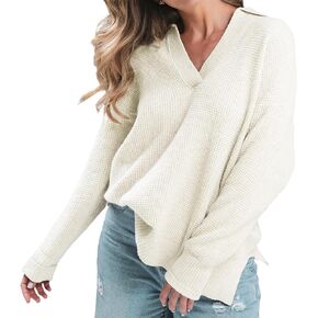 Women Lapel Collared Long Sleeve Waffle Knit Sweater V Neck Loose Polo Shirt Pullover Jumper Top
