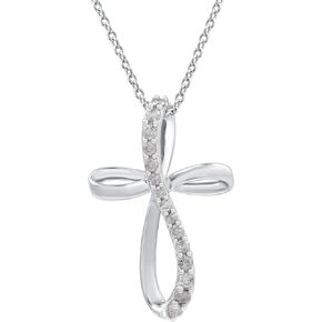 GILDED 10K White Gold 1/4 cttw Natural Round-Cut Diamond (I-J Color, I2-I3 Clarity) Twist Cross Pendant-Necklace,18"