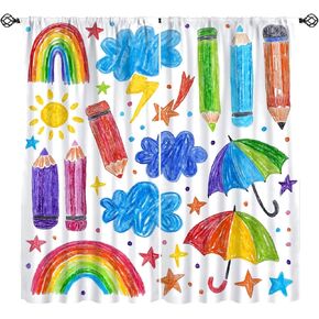 Kids Window Curtains Rainbow Pencil Umbrella Educational Learning Tool Window Treatments for Kids Girls Toddler Bedroom Window Drapes 42" W X 45" L