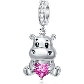PROESS 925 Sterling Silver Hippo Charm 12 Months Birthstone Hippopotamus Charm for Hippo Bracelets Hippo Bead Hippo Jewelry for Women Hippo Lovers