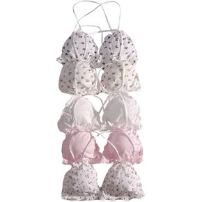 MakeMeChic Women's 5 Piece Floral Print Bras Lettuce Trim Spaghetti Strap Wireless Bralettes