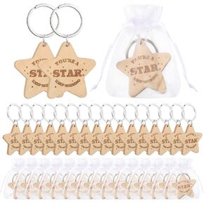 Roowest 50 Sets Star Keychains Inspirational Wooden Keychain Motivational You're a Star Keychains Bulk and 50 Pcs Organza Bags for Student Teacher School
