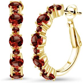 Gem Stone King 18K Yellow Gold Plated Silver Red Garnet and Red Garnet Hoop Earrings For Women (4.08 Cttw, Round 4MM and 1.9MM, Gemstone Birthstone 1 Inch Diameter)