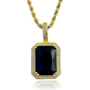 Zirconia Square Iced Out Crystal Pendant Fashion Necklace Jewelry Gemstone with 24 inches Stainless Steel Rope Chain for Men Women