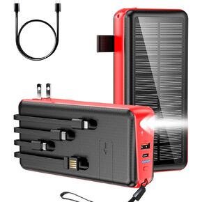 Portable Charger with Built in Cable and Wall Plug 50000mAh PD30W Fast Charging Solar Power Bank with 5 Output & 2 Input Dual LED Flashlights Phone Holder External Battery Pack (Black)