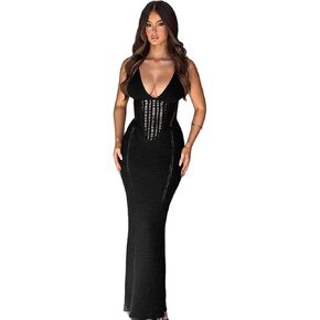 Women's Crochet Knitted Halter Maxi Dress Sexy Hollow Out V-Neck Lace Up Backless Bodycon Beach Holiday Long Dress