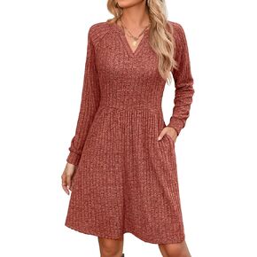 Riyiper Women's Knit Sweater Dress, Long Sleeve V Neck Babydoll Dress with Pockets Casual Knee Length Dress Trendy 2025