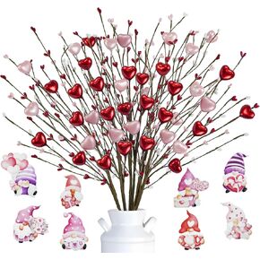 6 Pcs Artificial Valentine Flower Picks 24 Inch Berry Floral Picks with Red & Pink Hearts Valentine Stem Branches for Valentines Day Wedding Home Decor