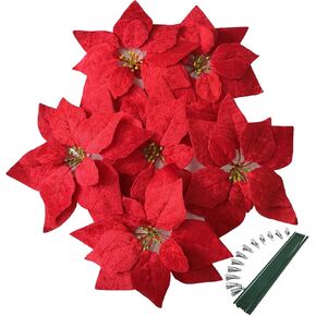 M2cbridge Artificial Christmas Flowers Red Velvet Poinsettia Floral Picks for Christmas Wreath Tree Ornaments(12pcs Velvet)