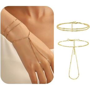Hand Chain Gold Ring Bracelet: Pearl Dainty 14k Gold Plated Hand Chain Non Tarnish Stainless Steel - Rhinestone Indian Hand Jewelry for Women Renaissance Hand Slave Bracelet With Finger Ring Attached