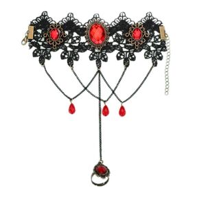 Sither Halloween Lace Bracelet with Ring for Women Red Crystal Gothic Bracelet Black Lace Harness Bracelet Hand Accessories Jewelry for Cosplay Party Gift