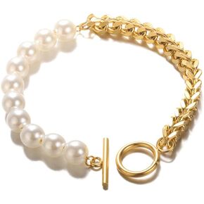 Stainless Steel Chunky Chain Pearl Bracelet for Women Toggle Clasp OT Buckle Bracelet Punk Trendy Gift
