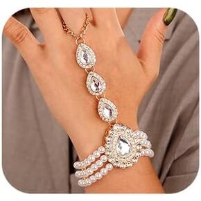 Xerling Pearl Finger Ring Bracelets Layered Hand Chain for Women Hand Harness Boho Slave Bracelets Crystal Rhinestone Hand Bracelets for Women