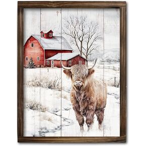 Framed Highland Cow Wall Art, Farmhouse Decor Wall Art, Highland Cow Pictures Christmas Decor Merry Christmas Winter Farm Scene Cow Paintings Holiday Indoor Wall Decorations