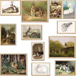 LANCHI95 12 PCS Bunny Easter Wall Art, Vintage Rabbit Art Print, Bunny Pictures Wall Decor,Rabbit Art, Decorative paintings for Easter (UNFRAMED) (Rabbit 1)