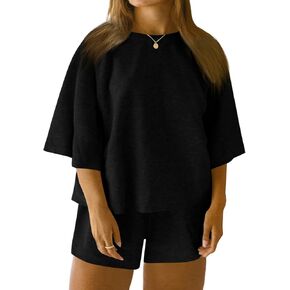 Beautife Womens Plus Size 2 Piece Outfits 3/4 Sleeve Tops and Elastic Waist Shorts Loungewear Pajamas Sets
