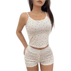Women's 2 Piece Lace Floral Pajama Sets Sleeveless Camisole Crop Tops and Button Shorts Set Loungewear