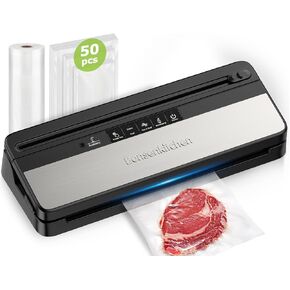 Bonsenkitchen Vacuum Sealer Machine, Multi-Functional Food Sealer with 50 Vacuum Bags & 1 Roll for Food Storage, Built-in Cutter, Globefish Technology for High-Speed Continuous Working, Black