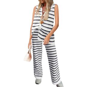 Tankaneo Womens Sleeveless Striped Pajama Sets Color Block Crochet Knit Button Top Pants 2 Piece Lounge Sets