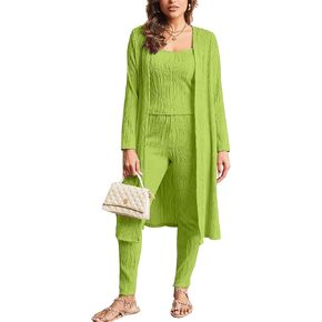 Batehif Womens Lounge Set 3 Piece Pajama Sets Crop Tank Legging Pants with Long Cardigan Loungewear Outfits