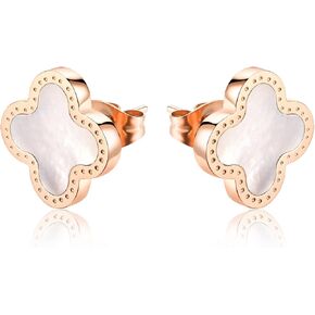 Four Leaf Clover Earrings for Women 18K Rose Gold Plated Stainless Steel Lucky 4 Leaf Ear Studs Jewelry Gift for Mother and Daughter (Black & Rose Gold)