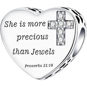 "She is more precious than Jewels Proverbs 31:10" Charm 925 Sterling Silver Charm Fits Women's Charm Bracelet & Necklace Valentine's Day Mother's Day Jewelry Gifts