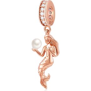 Rose Gold Mermaid Pendant Charms Holding Pearl fit Pandora Ocean Bracelet, 925 Sterling Silver Little Mermaid Princess Ariel Dangle Sea Life Bead for Niece/Daughter/Christmas