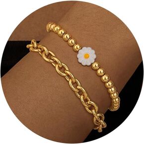 Gold Bracelets for Women, 14K Gold Plated/Silver Womens Bracelets Dainty Layered Gold Cuban Link Chain Bracelets for Women Trendy Chunky Stackable Gold Bracelet Set Jewelry Gift