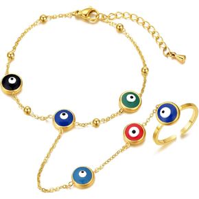 14k Gold Plated Evil Eye Ring Bracelet Hand Chain for Women Jewelry