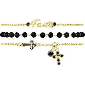 Gold Faith Cross Charm Link Bracelets for Women Vintage 3pcs Round Cubic Zirconia Cross Bracelet Set Black Faceted Glass Beaded Bracelet Adjustable Gothic Cross Pendant Bracelet Religion Jewelry Gift