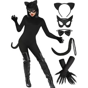 Halloween Black Catsuit Costume for Women Jumpsuit Onepiece with Headband Glove bow tie Tail