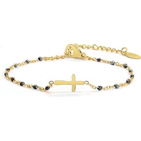 14K Gold Plated Cross Beaded Bracelet for Women, Religious Faith Cross Adjustable Stainless Steel Bracelet Link Chain Bracelet Confirmation Jewelry Gifts for Women