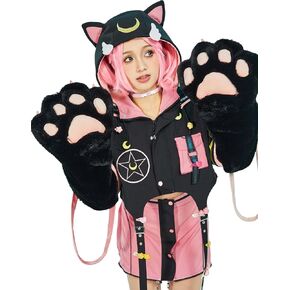 miccostumes Women's Pullover Hoodie and Pleated Skirt Set Sailor Style Jacket with Detachable Furry Cat Paw Gloves