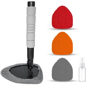 Windshield Cleaning Tool Car Window Cleaner Inside with 4 Reusable and Washable Microfiber Pads, Auto Glass Mirror Wiper Care Kit with Extendable Handle, Magnetic Window Cleaner Set