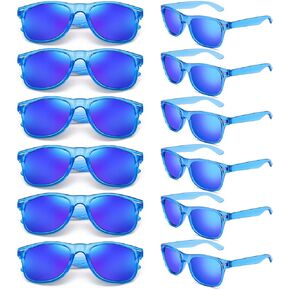 SUNOVELTIES 12 Pack Retro Colored Sunglasses Transparent Frame Mirrored Lenses Bulk Party Glasses Birthday Beach Unisex