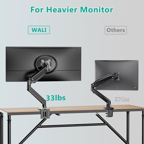 WALI 24-57" Monitor Arm, Heavy Duty Gas Spring Desk Mount for Ultrawide Flat and Curved Screen Up to 59.4lbs, VESA 75x75 to 200x200 (GSMU001XL-P), Black in Saudi Arabia