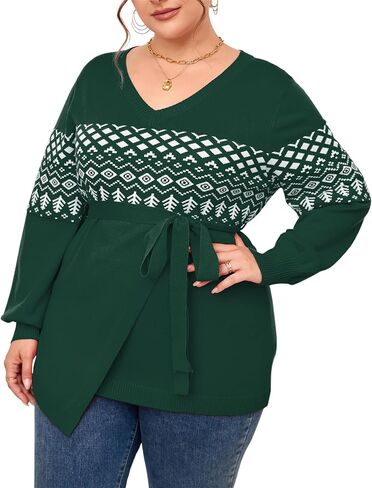 ShopWonder Plus Size Oversized Knit Sweaters for Women V Neck Casual Shirts with Belt Irregular Hem Long Sleeve Tops in Saudi Arabia