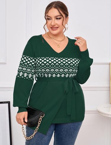ShopWonder Plus Size Oversized Knit Sweaters for Women V Neck Casual Shirts with Belt Irregular Hem Long Sleeve Tops in Saudi Arabia