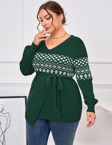ShopWonder Plus Size Oversized Knit Sweaters for Women V Neck Casual Shirts with Belt Irregular Hem Long Sleeve Tops in Saudi Arabia